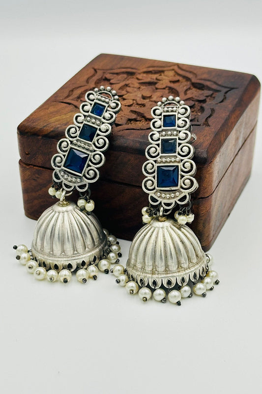 Silver Jhumkas with Blue Stones and Pearls - swadeshsouq.com