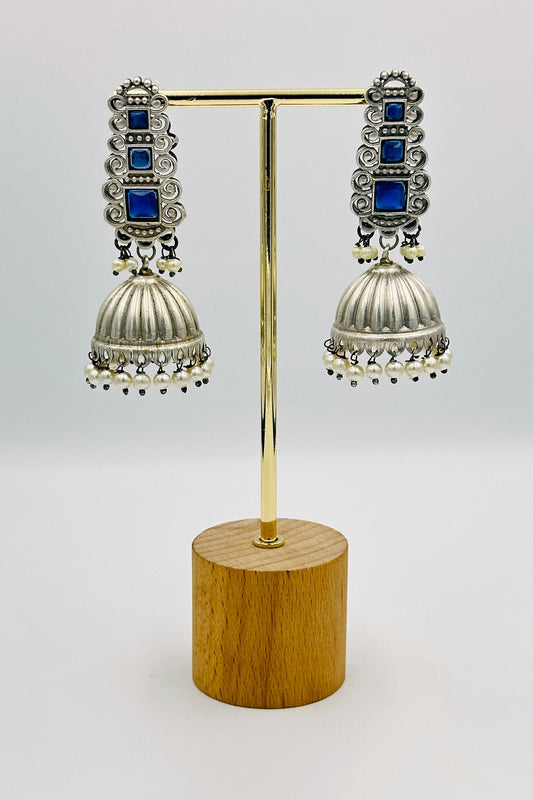 Silver Jhumkas with Blue Stones and Pearls - swadeshsouq.com