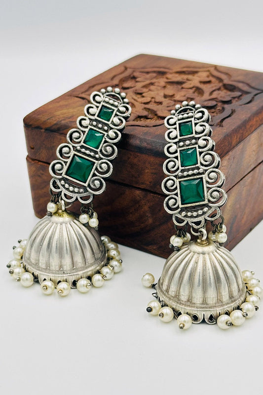 Silver Jhumkas with Green Stones and Pearls - swadeshsouq.com