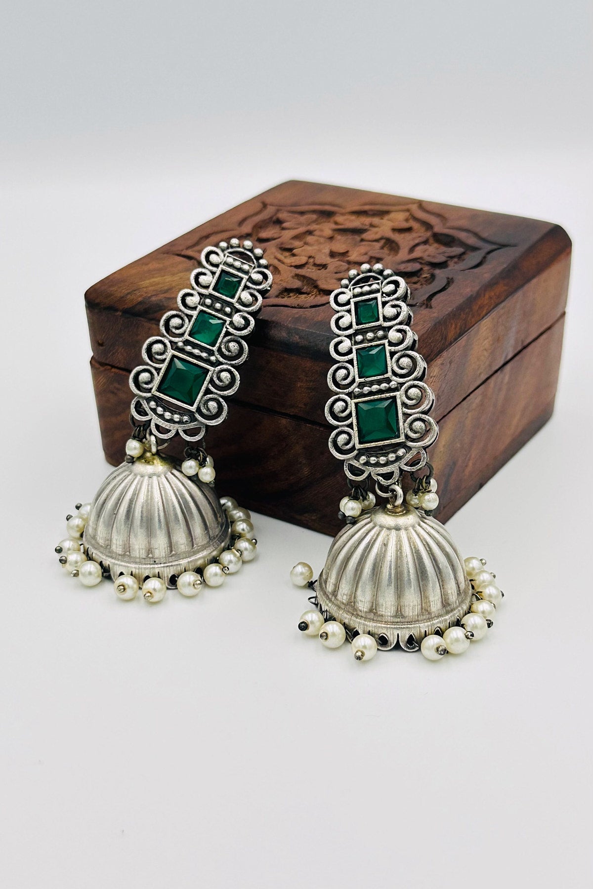 Silver Jhumkas with Green Stones and Pearls - swadeshsouq.com