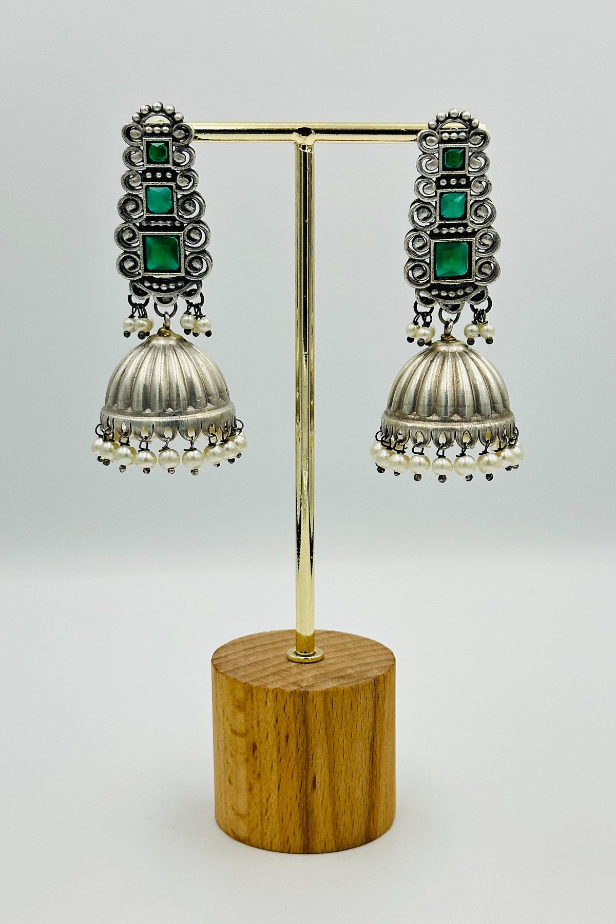 Silver Jhumkas with Green Stones and Pearls - swadeshsouq.com