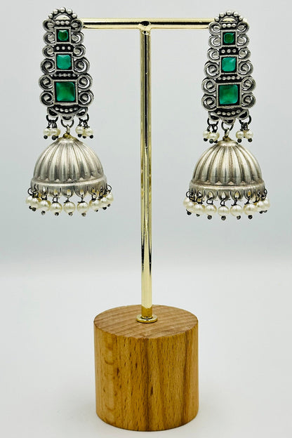 Silver Jhumkas with Green Stones and Pearls - swadeshsouq.com