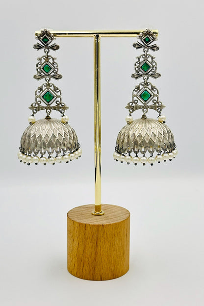 Silver Jhumkas with Luminous Green Stones - swadeshsouq.com