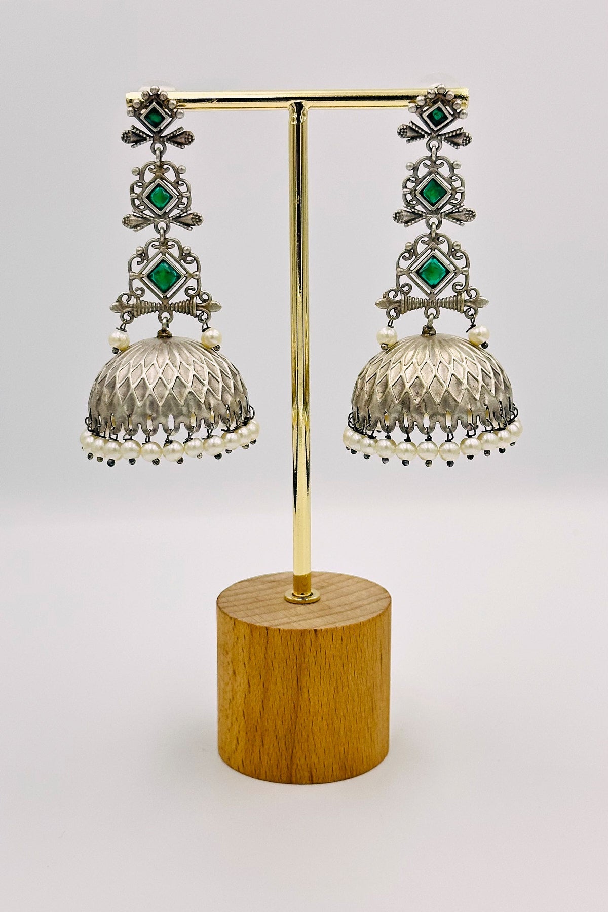 Silver Jhumkas with Luminous Green Stones - swadeshsouq.com