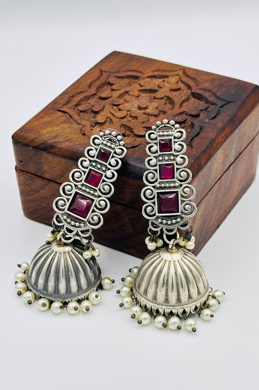 Silver Jhumkas with Magenta Stones and Pearls - swadeshsouq.com