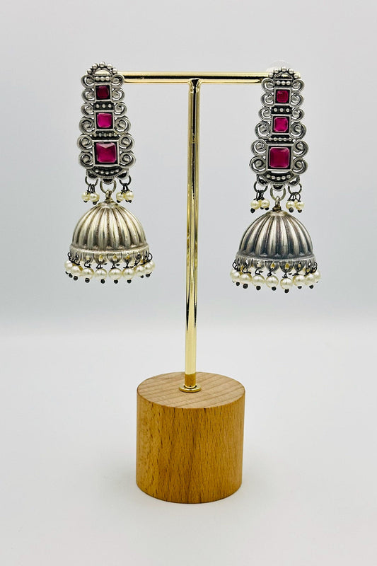 Silver Jhumkas with Magenta Stones and Pearls - swadeshsouq.com