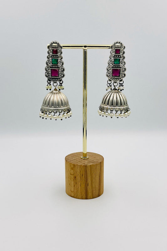 Silver Jhumkas with Pink and Green Stones and Pearls - swadeshsouq.com