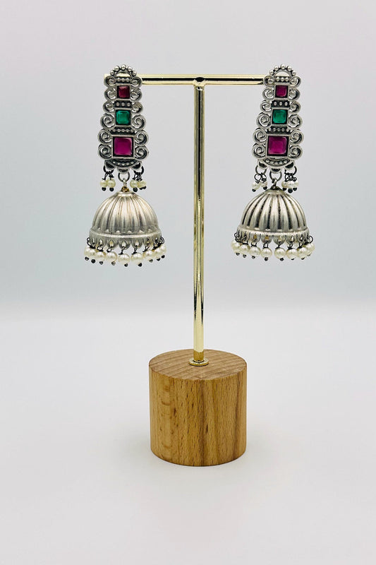 Silver Jhumkas with Pink and Green Stones and Pearls - swadeshsouq.com