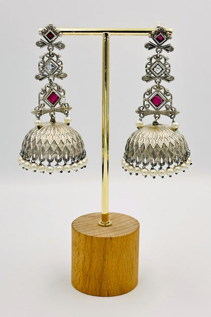 Silver Jhumkas with Pink and White Stones - swadeshsouq.com