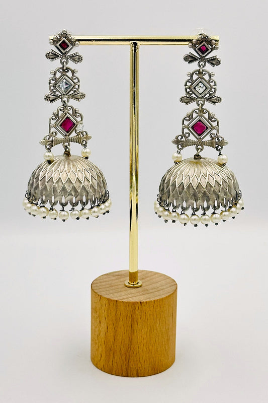 Silver Jhumkas with Pink and White Stones - swadeshsouq.com