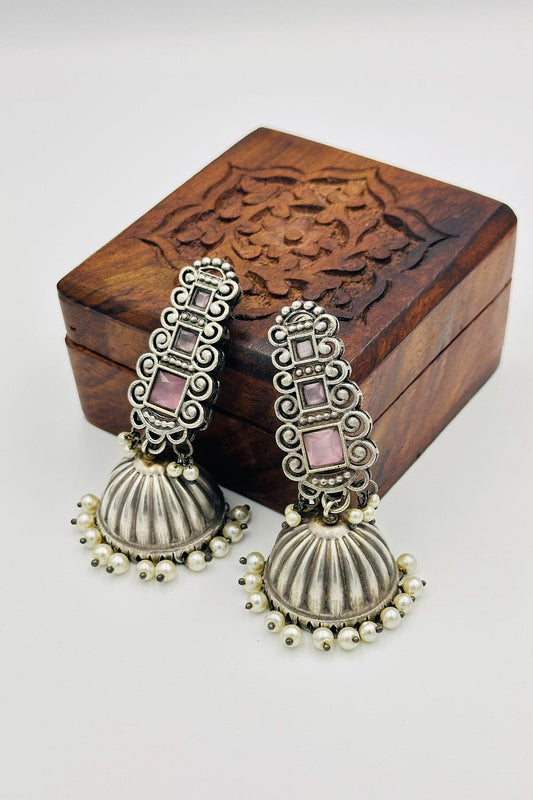 Silver Jhumkas with Pink Stones and Pearls - swadeshsouq.com