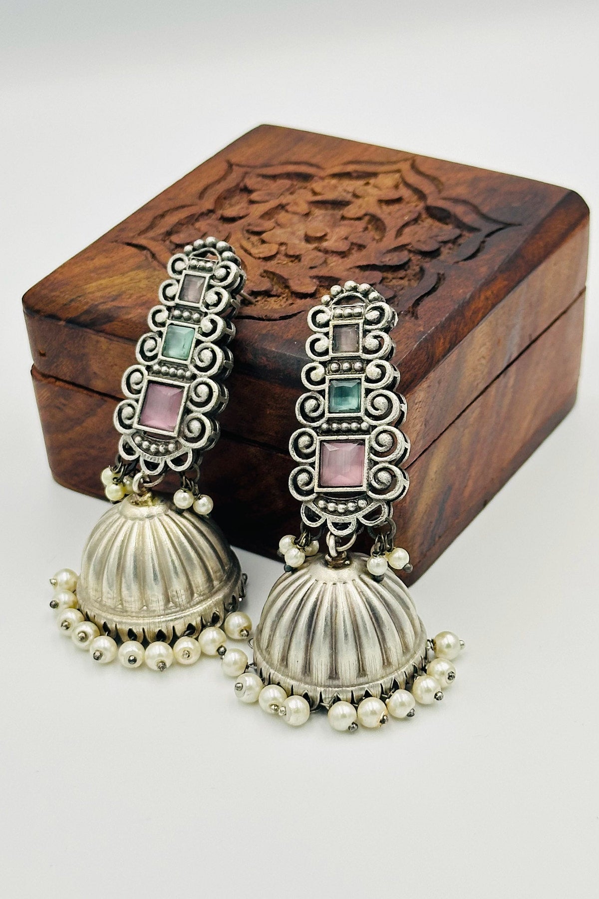 Silver Jhumkas with Soft Pink and Blue Stones and Pearls - swadeshsouq.com