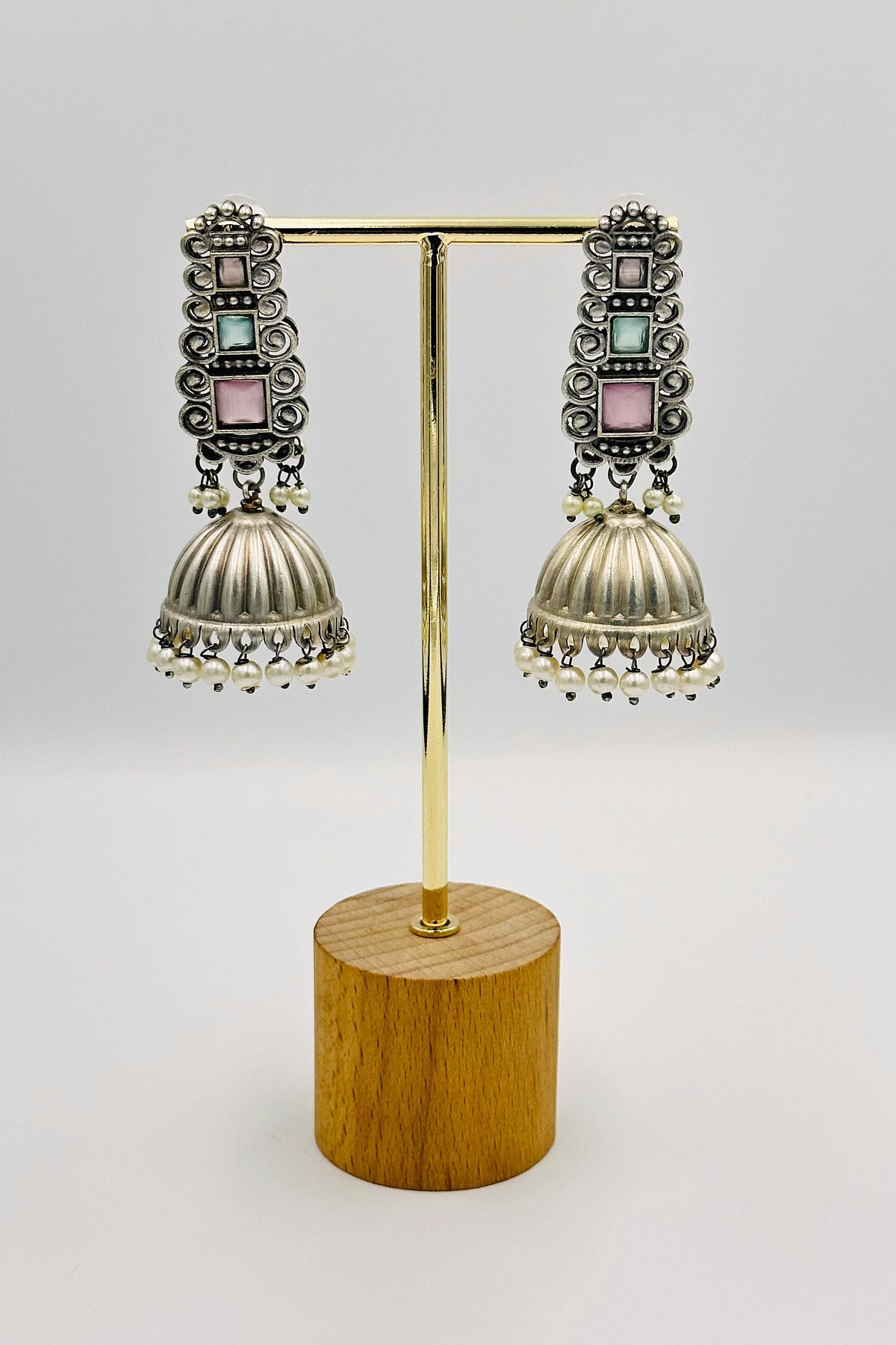 Silver Jhumkas with Soft Pink and Blue Stones and Pearls - swadeshsouq.com