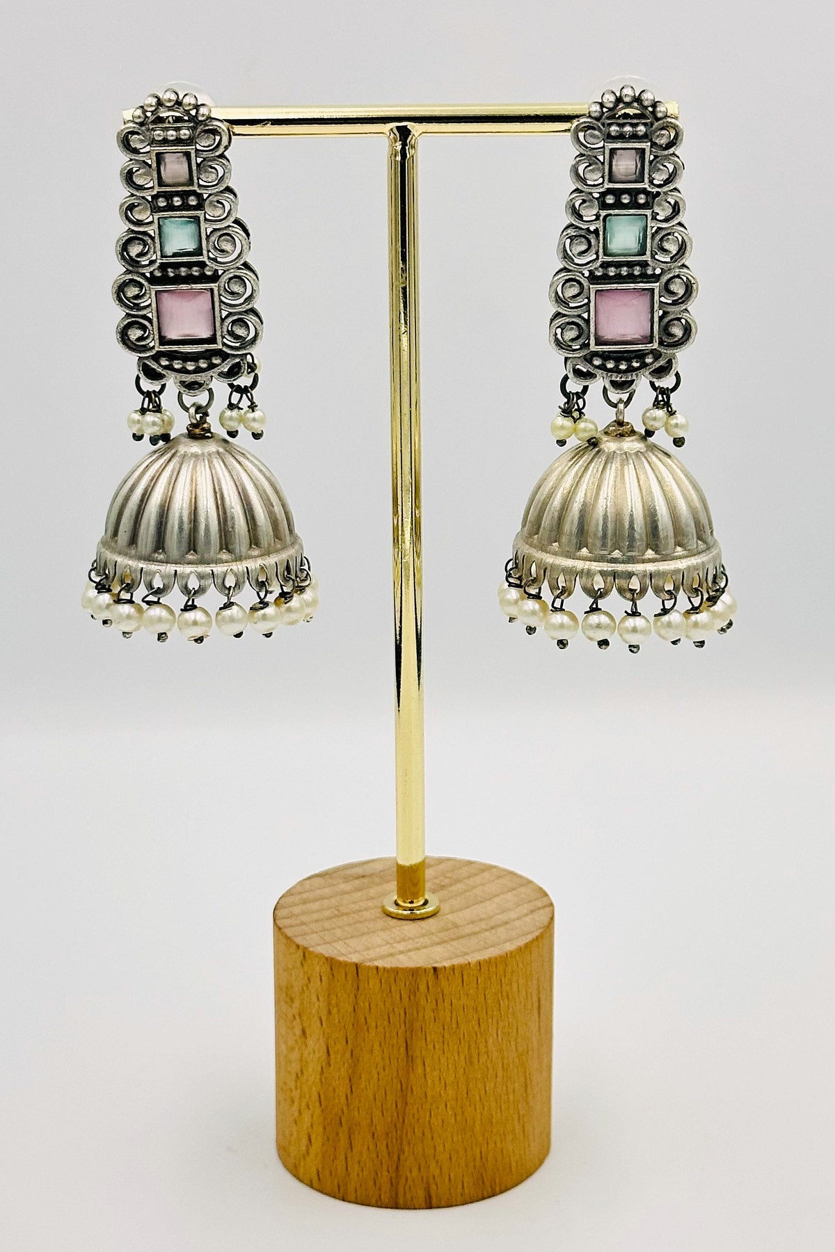 Silver Jhumkas with Soft Pink and Blue Stones and Pearls - swadeshsouq.com