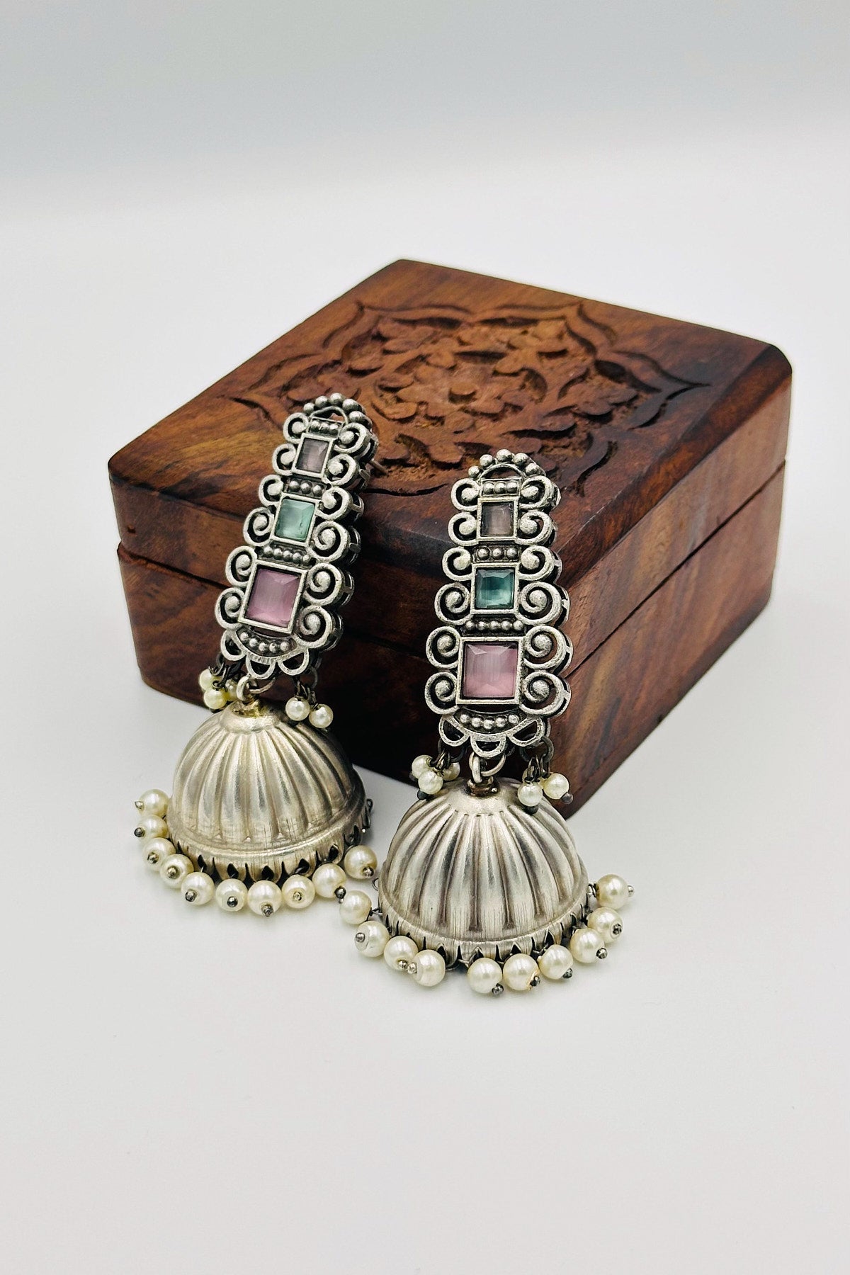 Silver Jhumkas with Soft Pink and Blue Stones and Pearls - swadeshsouq.com