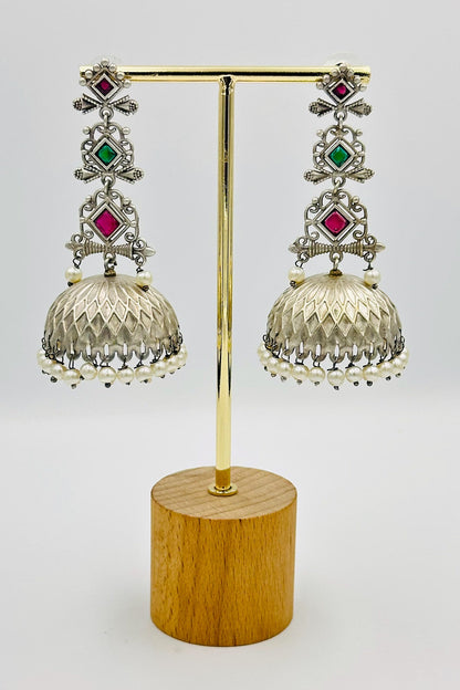 Silver Jhumkas with Vibrant Gems & Pearls - swadeshsouq.com