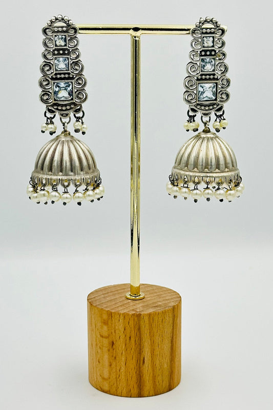 Silver Jhumkas with White Stones and Pearls - swadeshsouq.com