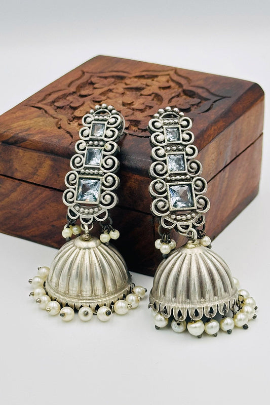 Silver Jhumkas with White Stones and Pearls - swadeshsouq.com