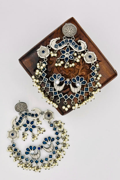 Silver Peacock Chandbali Earrings with Pearls and Deep Blue Stones - swadeshsouq.com