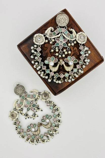 Silver Peacock Chandbali Earrings with Pearls and Delicate Stones - swadeshsouq.com