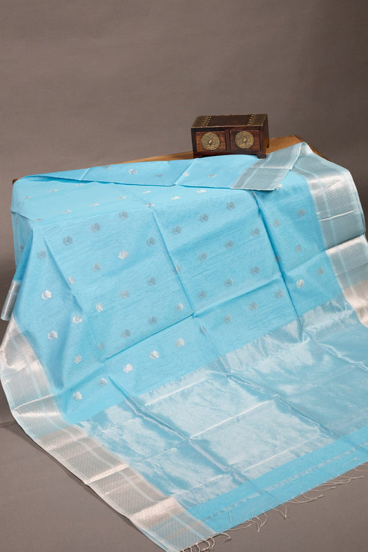 Sky Blue Maheshwari Silk-Cotton Saree with Silver Zari Lotus Buttis - swadeshsouq.com