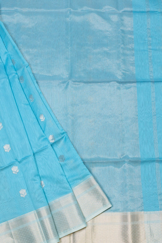 Sky Blue Maheshwari Silk-Cotton Saree with Silver Zari Lotus Buttis - swadeshsouq.com