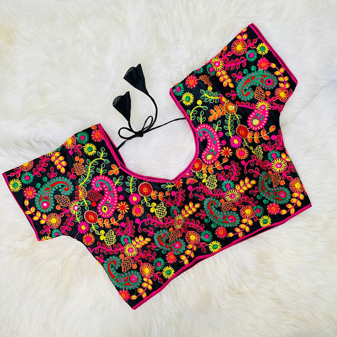 Sleek Black Blouse with a Pop of Colorful Embroidery. - swadeshsouq.com