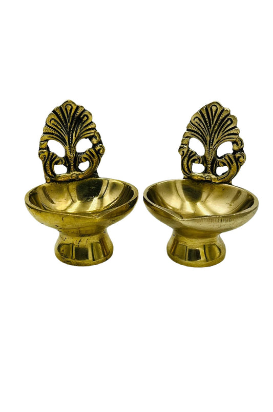 Small Antique-Finish Pure Brass Diya Set with Artistic Design(set of 2) - swadeshsouq.com