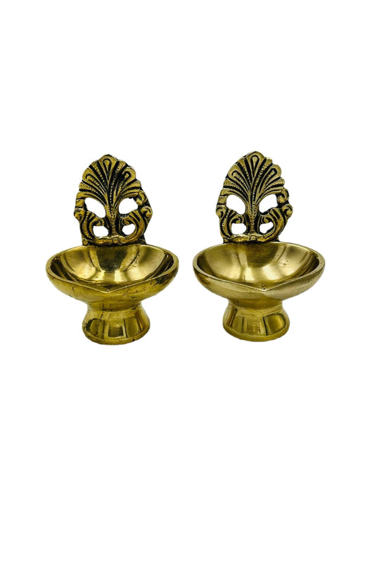 Small Antique-Finish Pure Brass Diya Set with Artistic Design(set of 2) - swadeshsouq.com