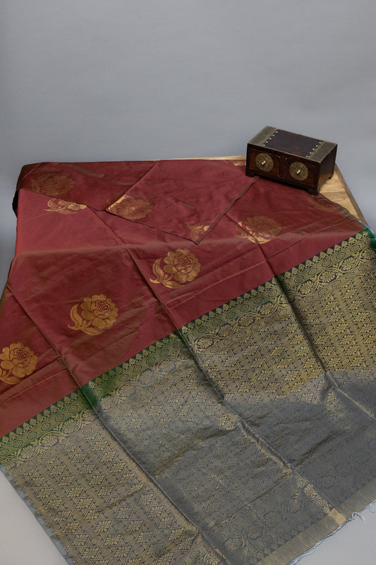 SOPHISTICATED CHARM: BROWN AND GREY KANJEEVARAM SEMI-SOFT SILK SAREE - swadeshsouq.com