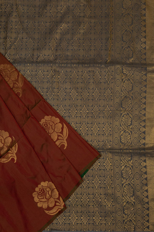 SOPHISTICATED CHARM: BROWN AND GREY KANJEEVARAM SEMI-SOFT SILK SAREE - swadeshsouq.com