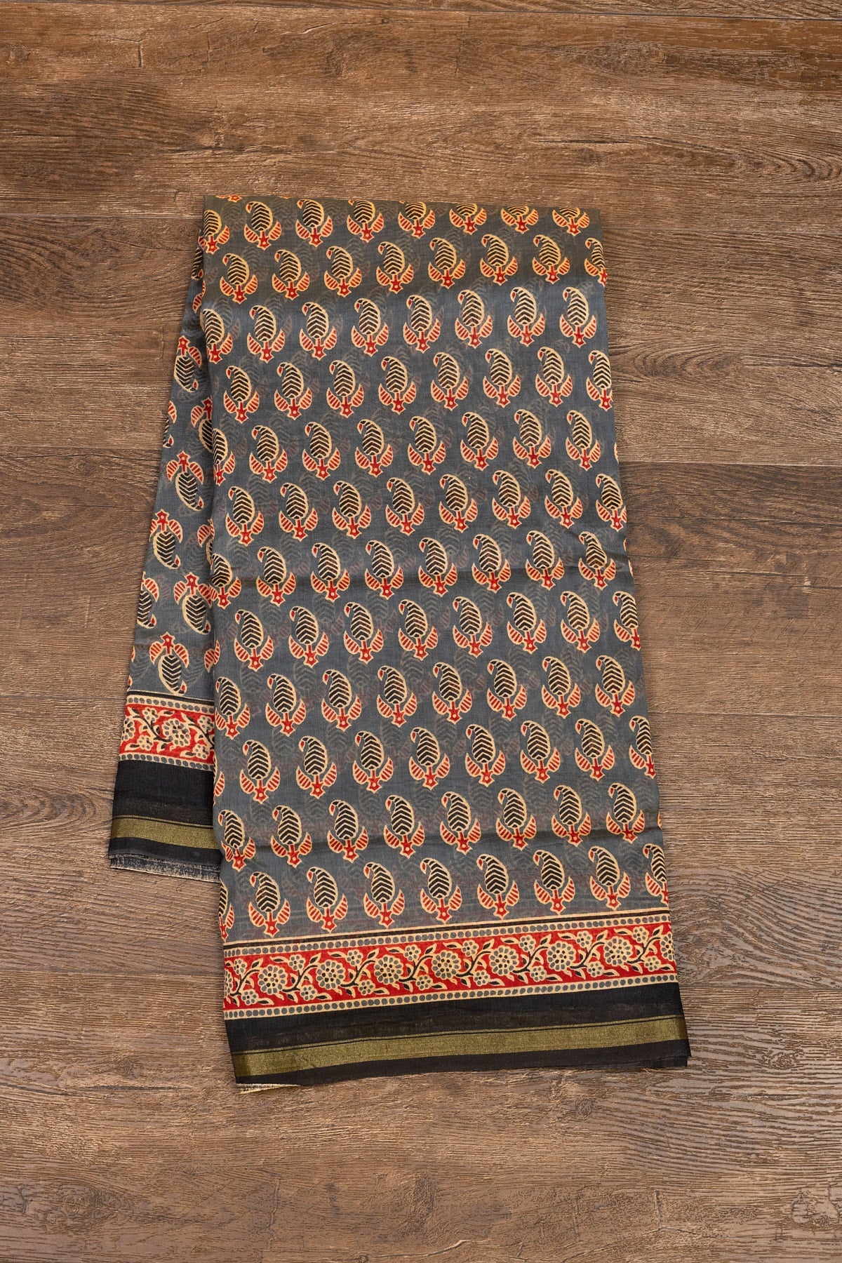 Sophisticated Grey Silk-Cotton Saree with Ajrak Hand-Block Prints and Gold Zari Elegance - swadeshsouq.com