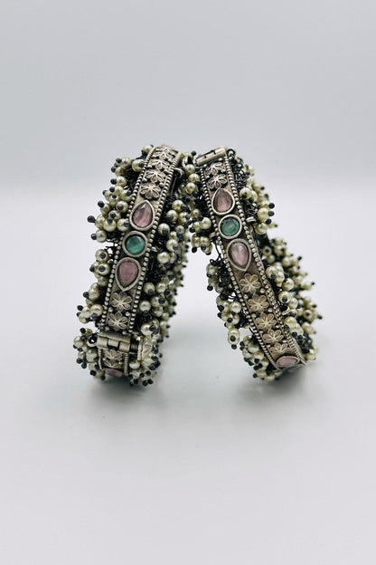 Spring Harmony: Pink and Green Pearl-Accented Silver Bangles - swadeshsouq.com