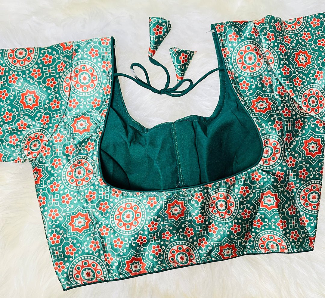 Step into the World of Elegance with Our Green Gaaji Ajrak Print Satin Blouse - swadeshsouq.com