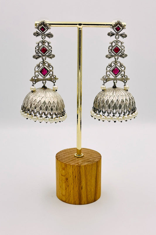 Sterling Silver Jhumkas with Rose-Tinted Stones - swadeshsouq.com