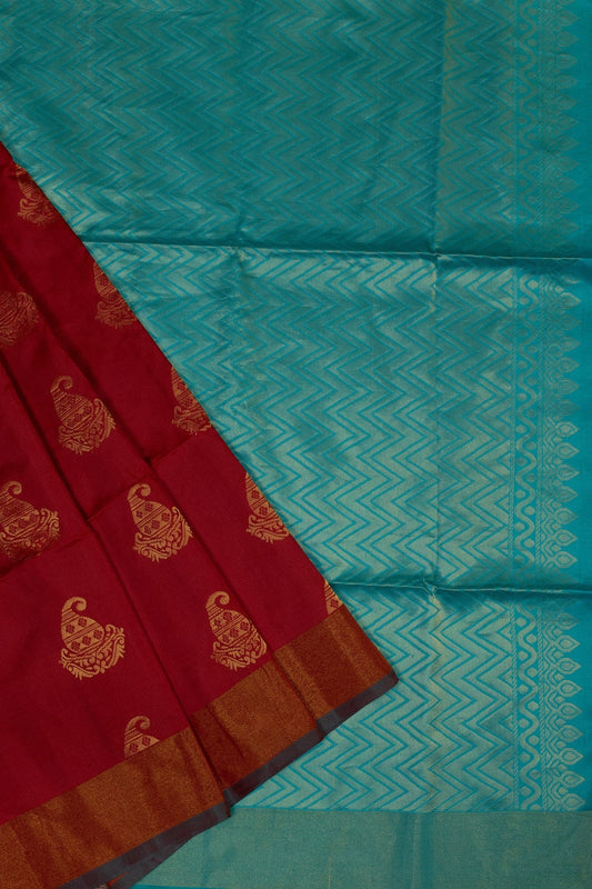 STRIKING BEAUTY: MAROON RED AND TURQUOISE BLUE KANJEEVARAM SEMI SILK SAREE - swadeshsouq.com