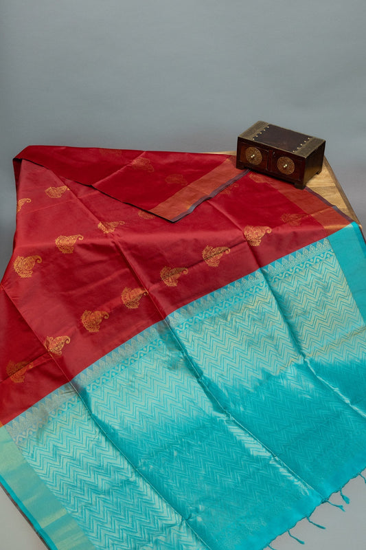 STRIKING BEAUTY: MAROON RED AND TURQUOISE BLUE KANJEEVARAM SEMI SILK SAREE - swadeshsouq.com