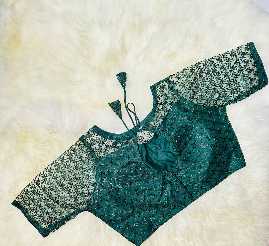 Stunning and Sparkling: The Bottle Green Netted Blouse with Fully Embellished Sequins - swadeshsouq.com