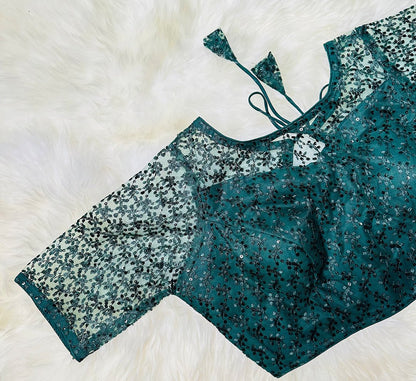 Stunning and Sparkling: The Bottle Green Netted Blouse with Fully Embellished Sequins - swadeshsouq.com