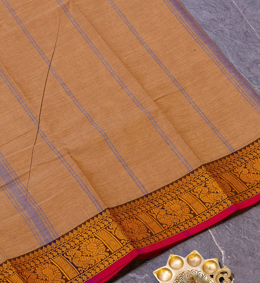 Embrace subtle elegance with Golden Wheat Coloured Saree w/ Pink & Brown Thread Border from swadeshsouq.com.