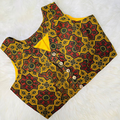 Sun-kissed Beauty: Hand-Block Printed Cotton Blouse in Vibrant Yellow. - swadeshsouq.com