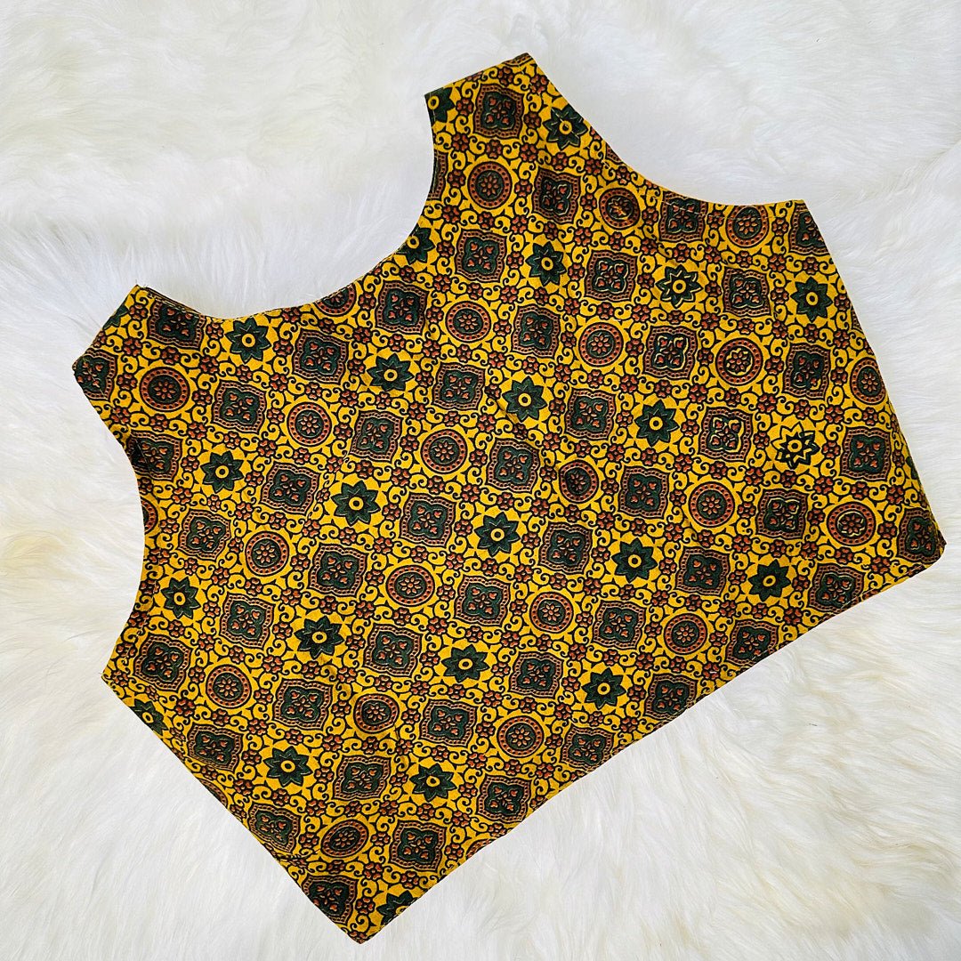 Sun-kissed Beauty: Hand-Block Printed Cotton Blouse in Vibrant Yellow. - swadeshsouq.com