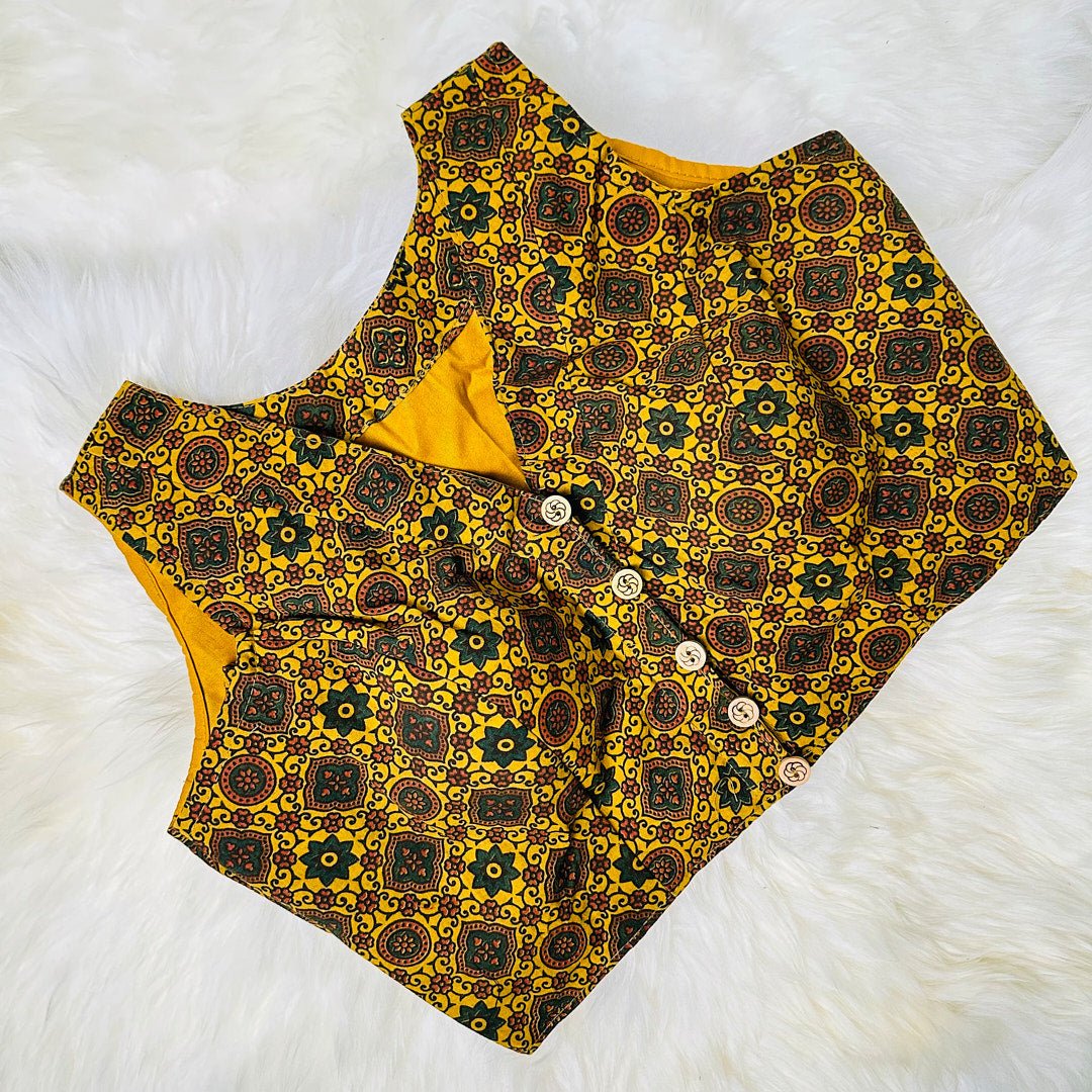 Sun-kissed Beauty: Hand-Block Printed Cotton Blouse in Vibrant Yellow. - swadeshsouq.com