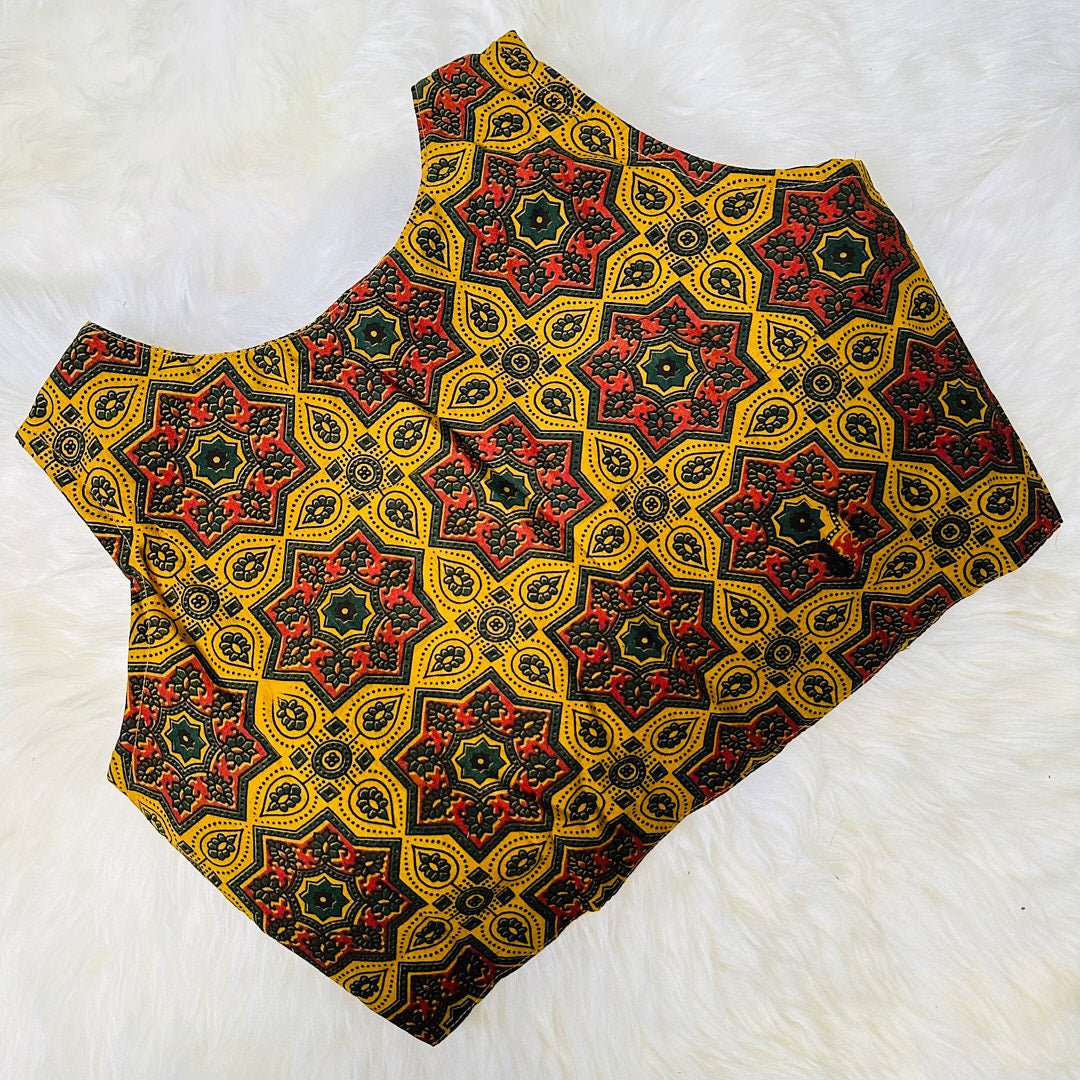 Sun-kissed Beauty: Hand-Block Printed Cotton Blouse in Vibrant Yellow. - swadeshsouq.com