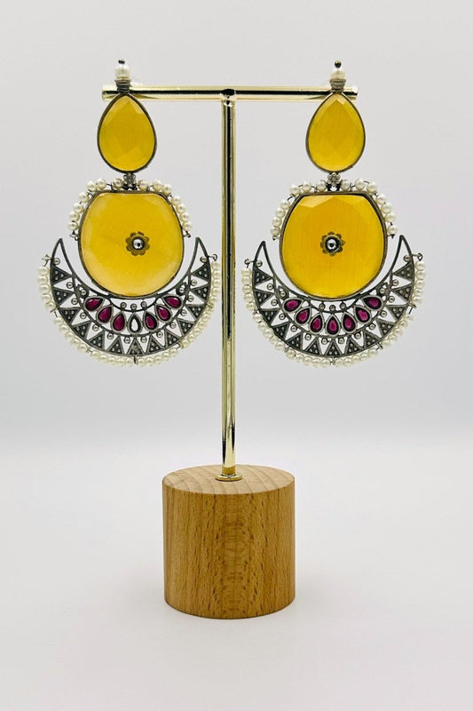 Sunbeam Splendor: Yellow Crystal Crescent Earrings - swadeshsouq.com