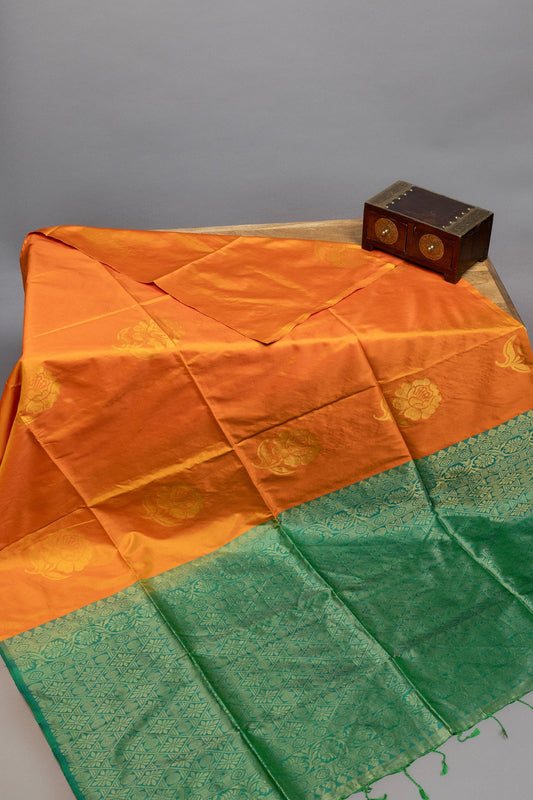 SUNLIT ELEGANCE: BRIGHT YELLOW AND GREEN KANJEEVARAM SEMI-SILK SAREE - swadeshsouq.com