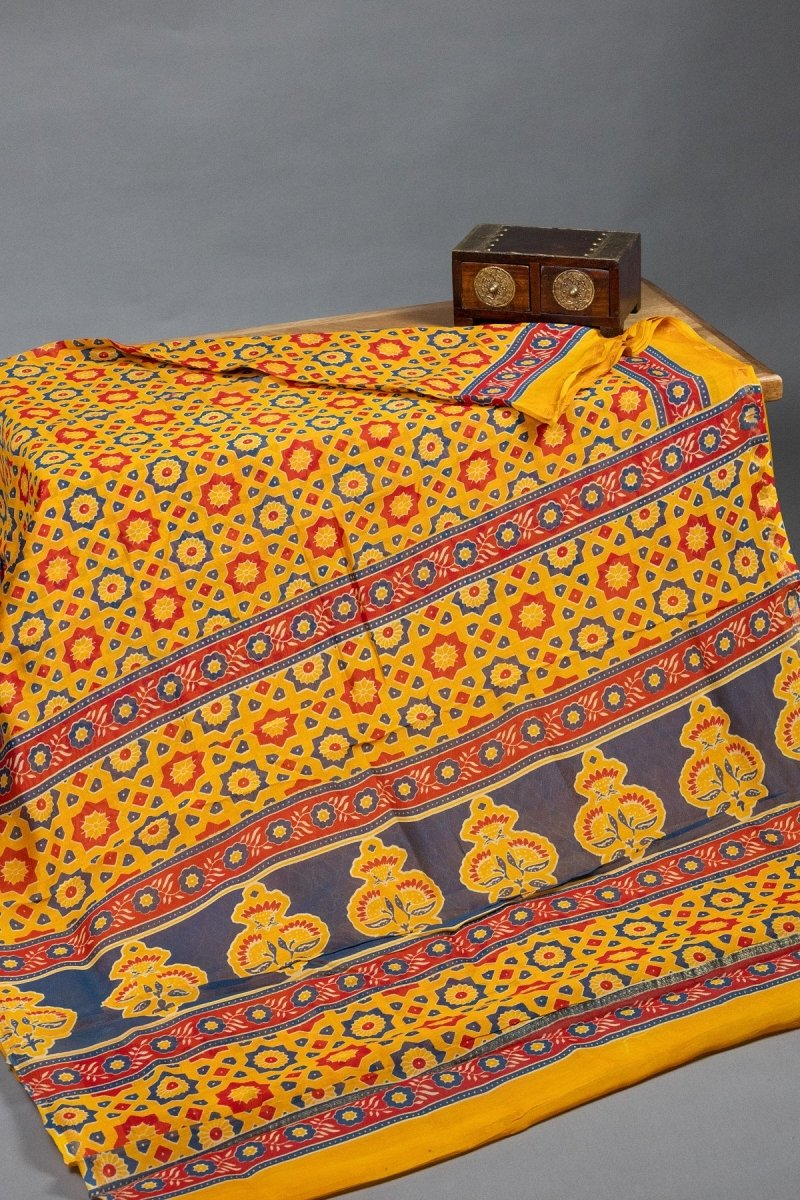 Sunshine Elegance: Yellow Ajrak Handblock Maheshwari Silk Saree - swadeshsouq.com