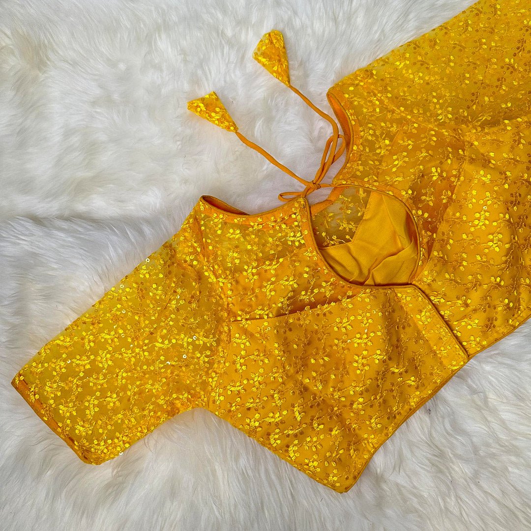 Sunshine Sparkle: Yellow Raschel Netted Blouse with Sequin Embellishment. - swadeshsouq.com