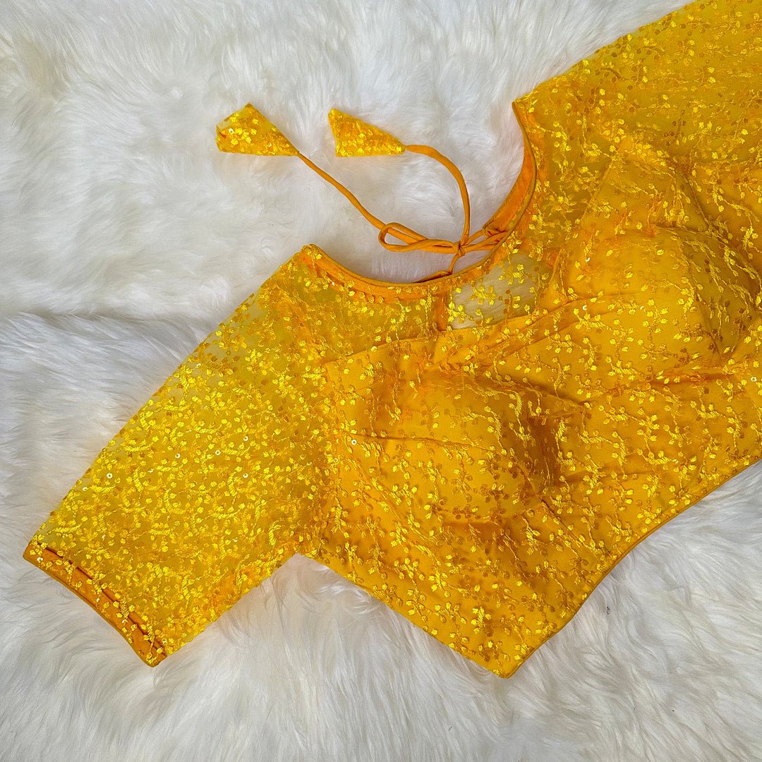 Sunshine Sparkle: Yellow Raschel Netted Blouse with Sequin Embellishment. - swadeshsouq.com