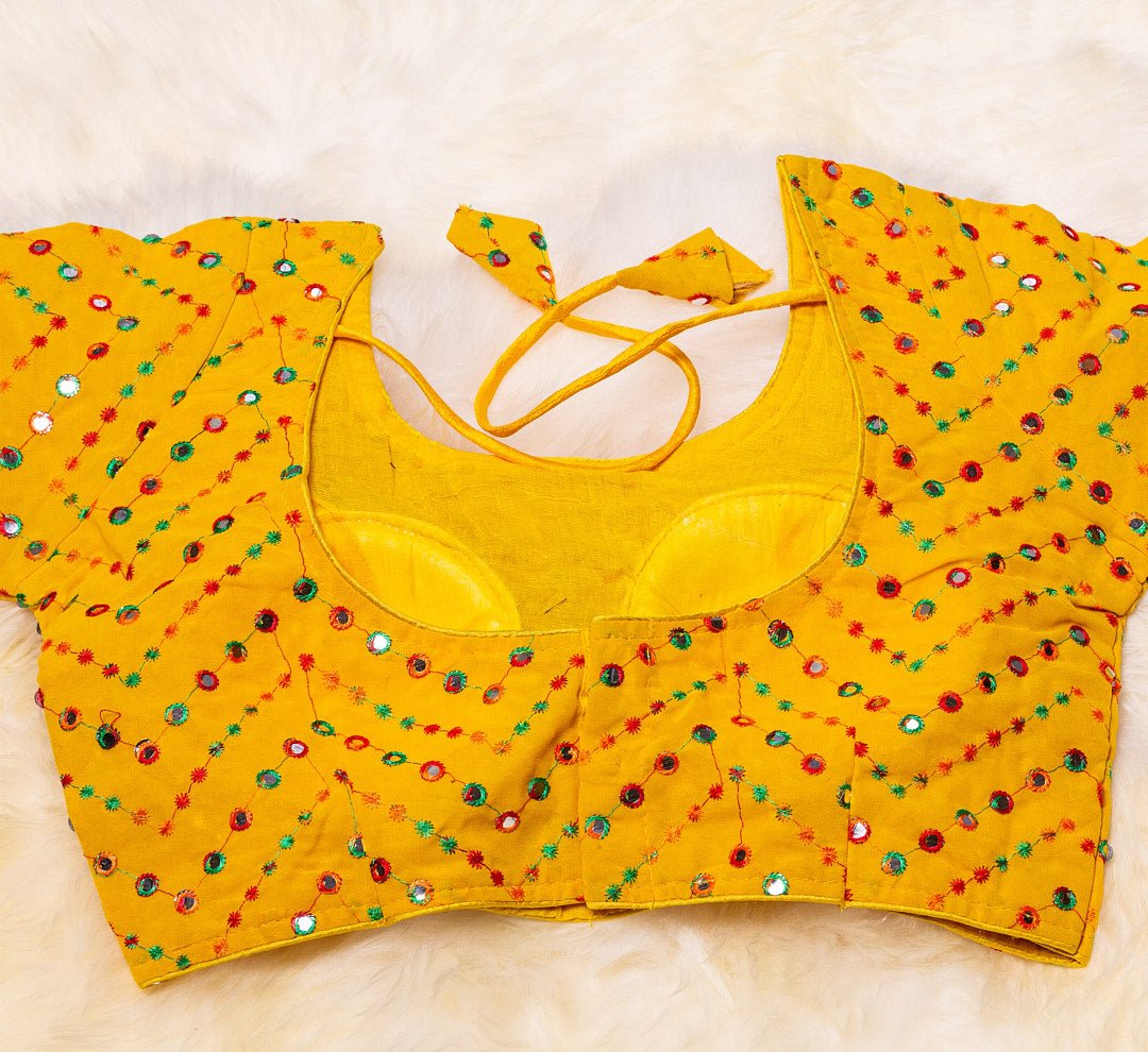 Sunshine Yellow Mirror Embroidered Blouse with Elegant Long Sleeves, Perfect for Any Occasion - swadeshsouq.com